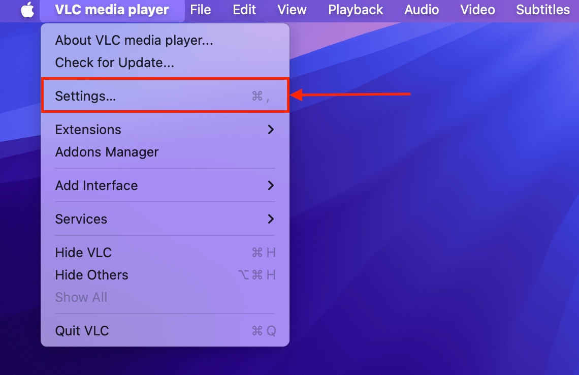 VLC Settings button in the main menu
