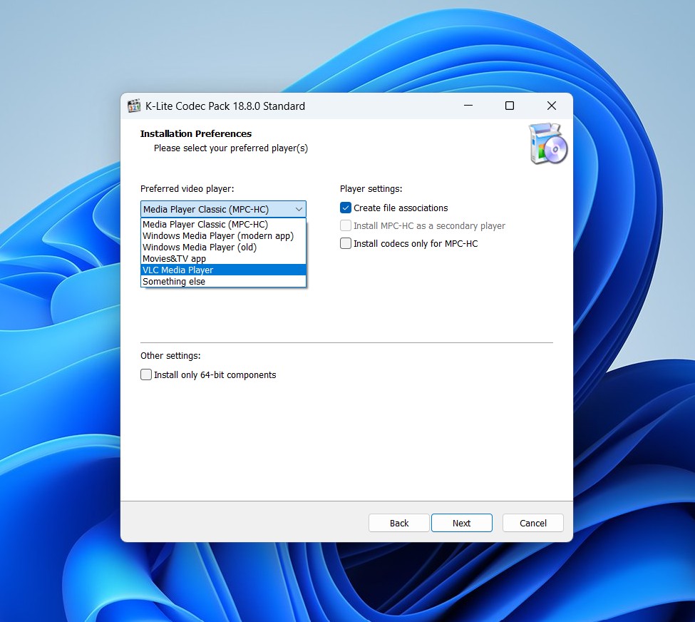 K-Lite install preferences with player selection dropdown