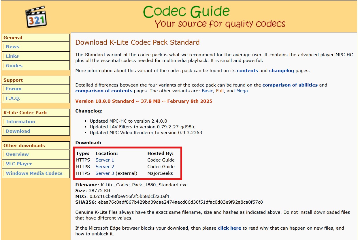 K-Lite download page with version and servers