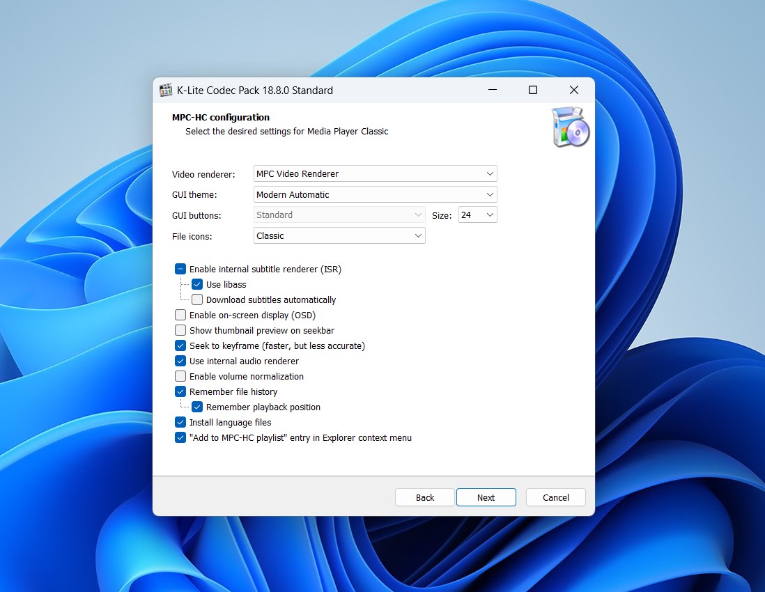 MPC-HC configuration settings in codec setup