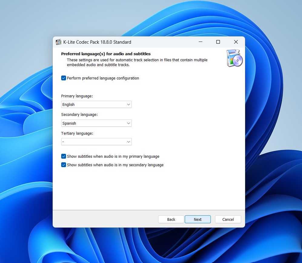 K-Lite language and subtitle preferences setup screen