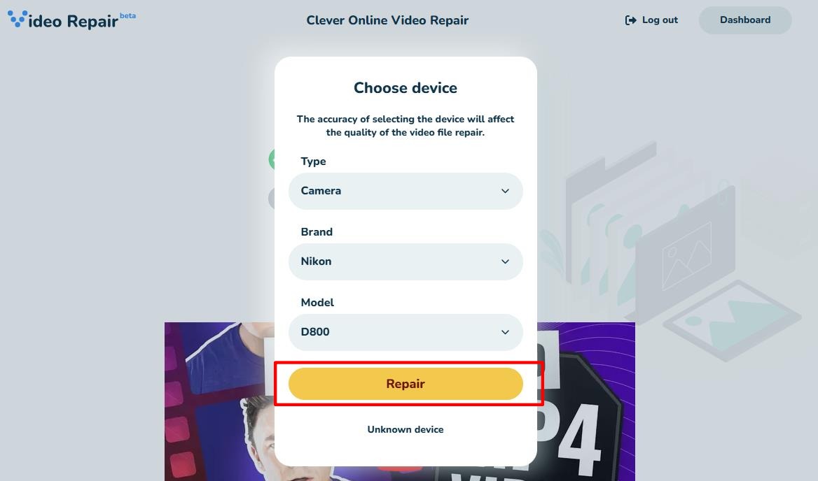 Video Repair device selection with Repair button