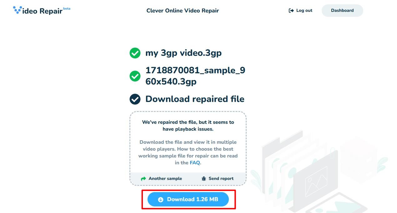 Download repaired file screen with file size