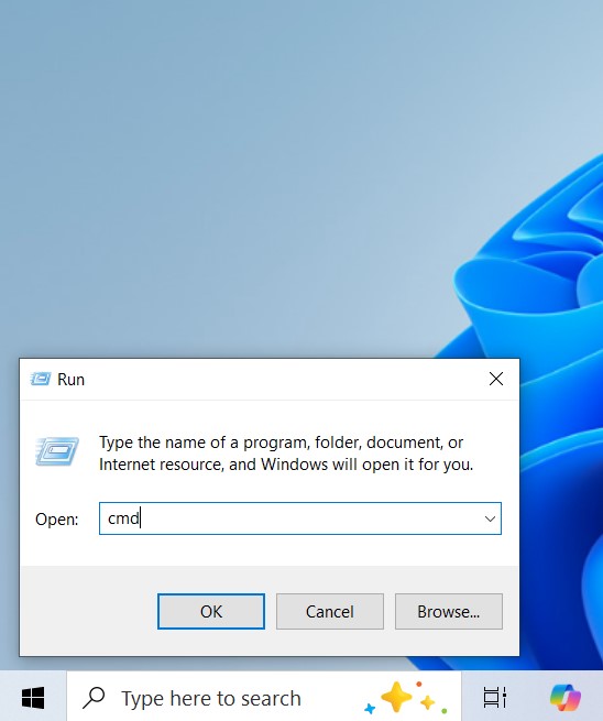 Windows Run dialog with CMD typed in