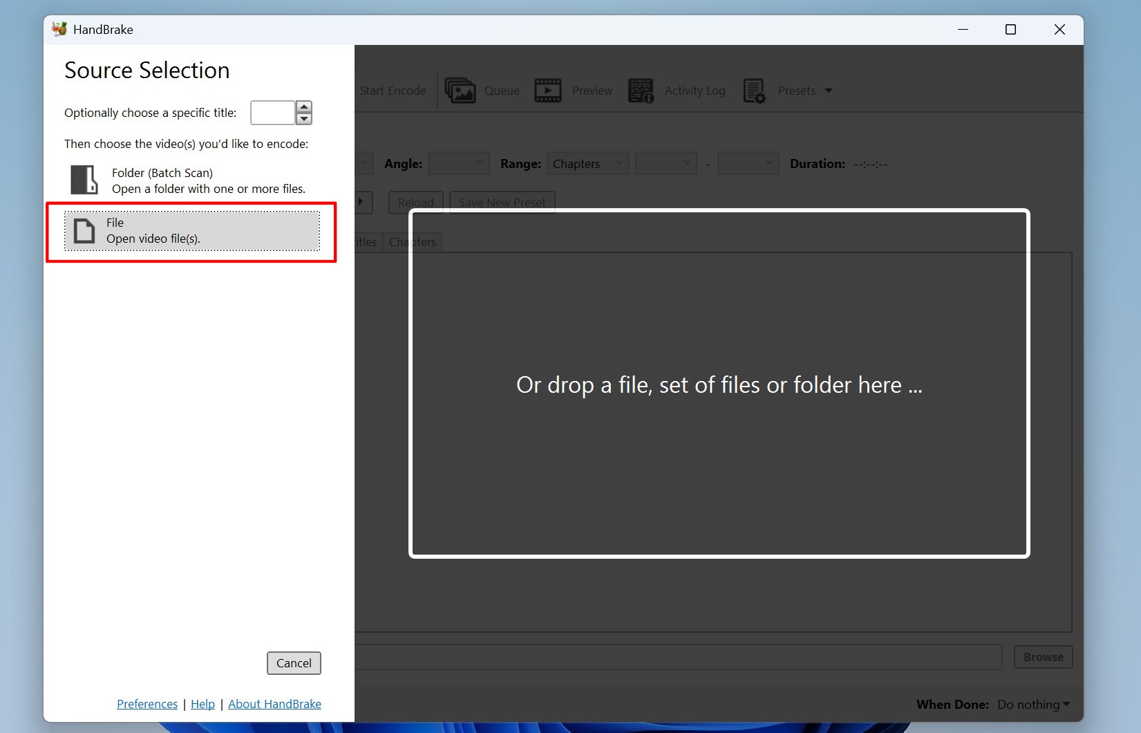 HandBrake source selection screen for video files