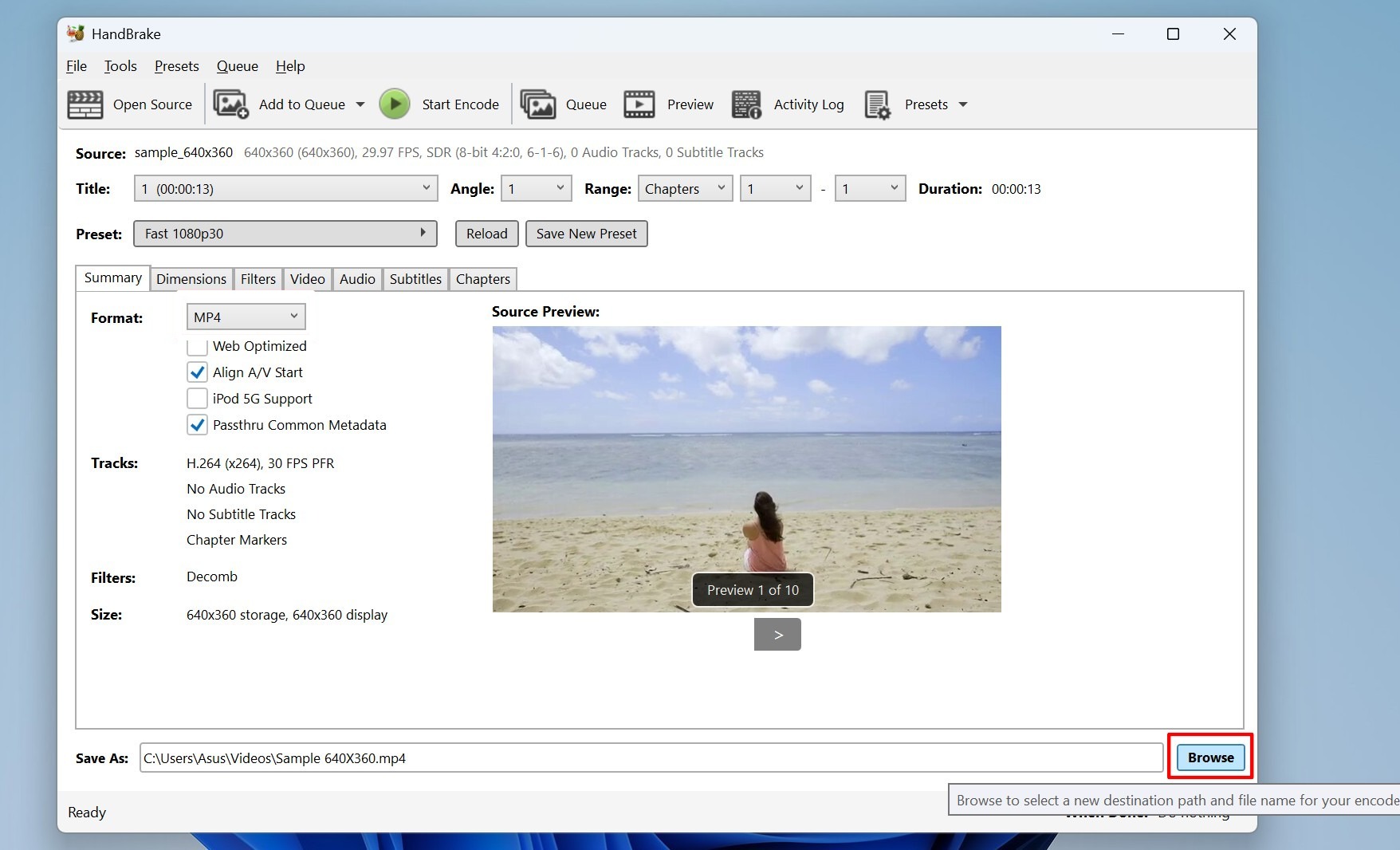 HandBrake video conversion preview and settings screen