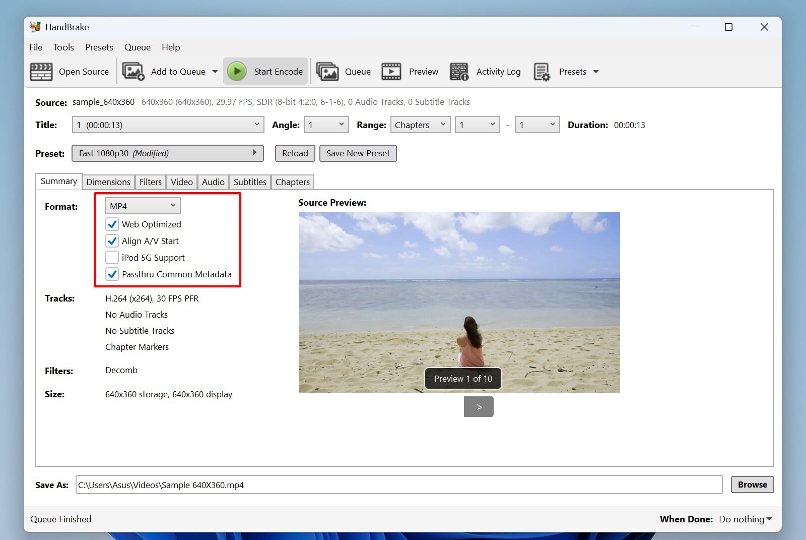 HandBrake showing video encoding preview and settings