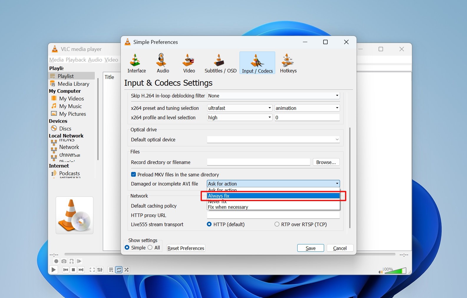 VLC preferences with Always Fix option highlighted