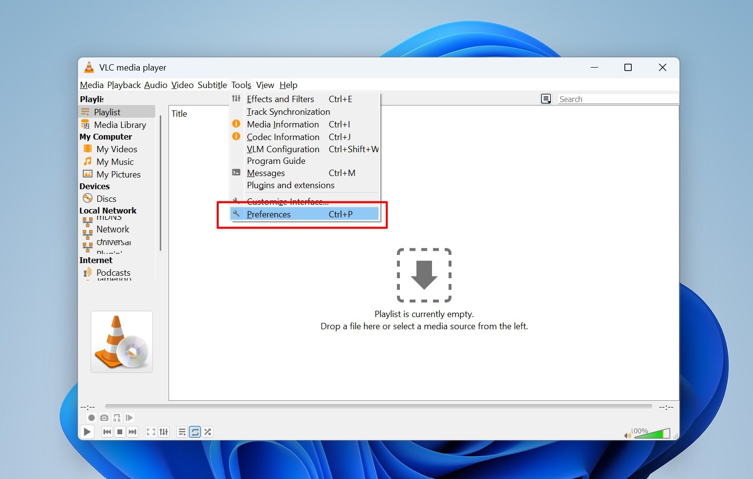 VLC media player preferences menu highlighted