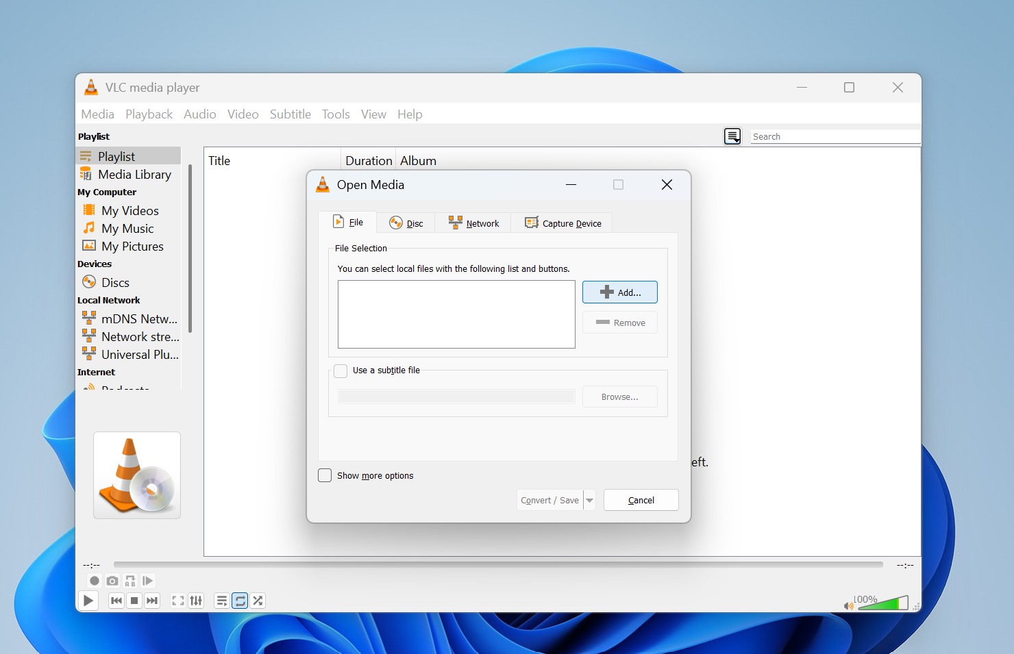 VLC open media window with file options