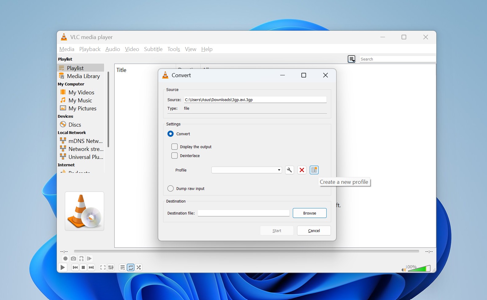 VLC convert screen with file and profile settings