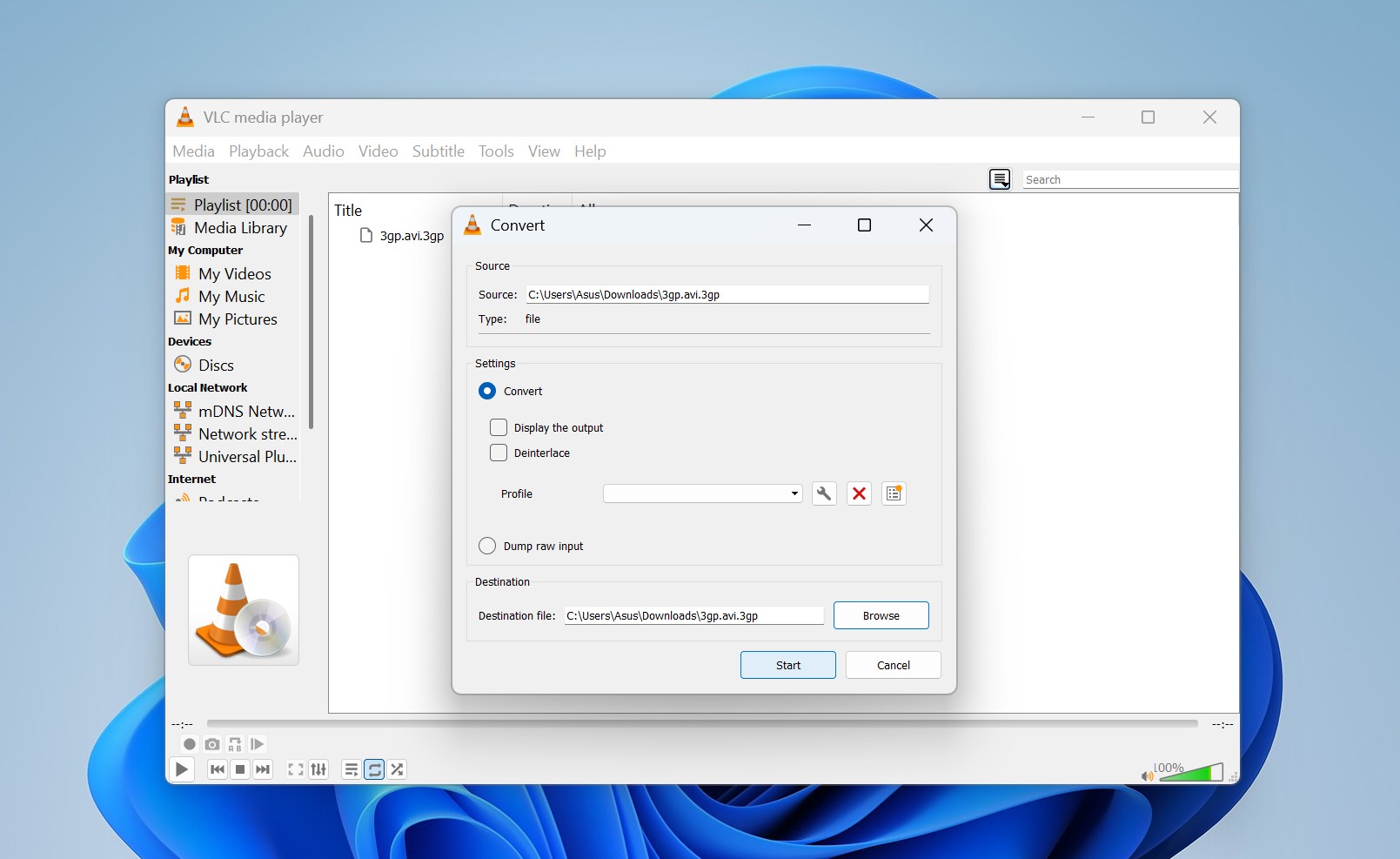 VLC convert screen showing source and destination paths