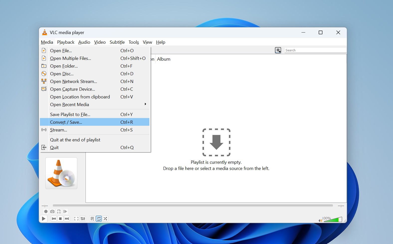 VLC Media menu with Convert/Save option highlighted