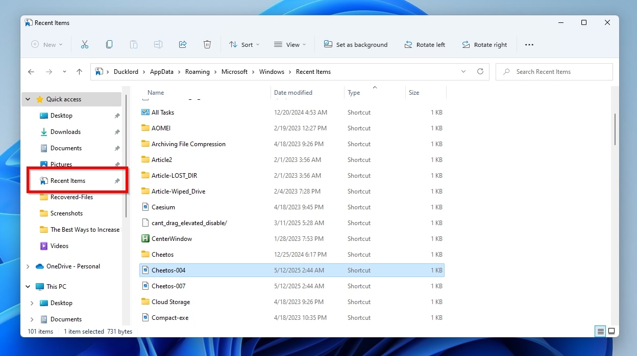 File Explorer Recent Items