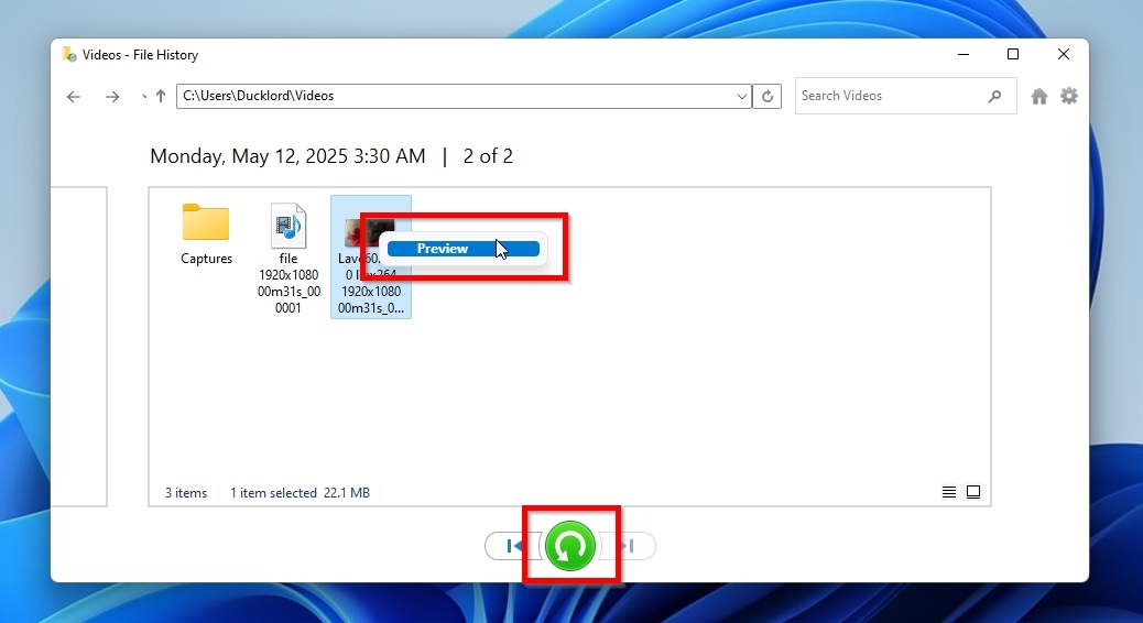 File History Preview Restore