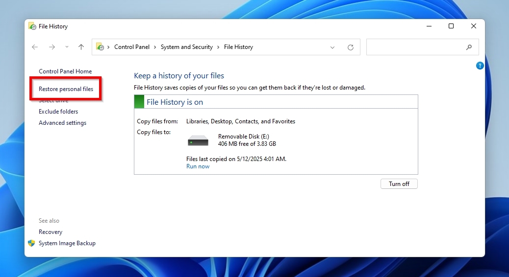 File History Restore Personal Files
