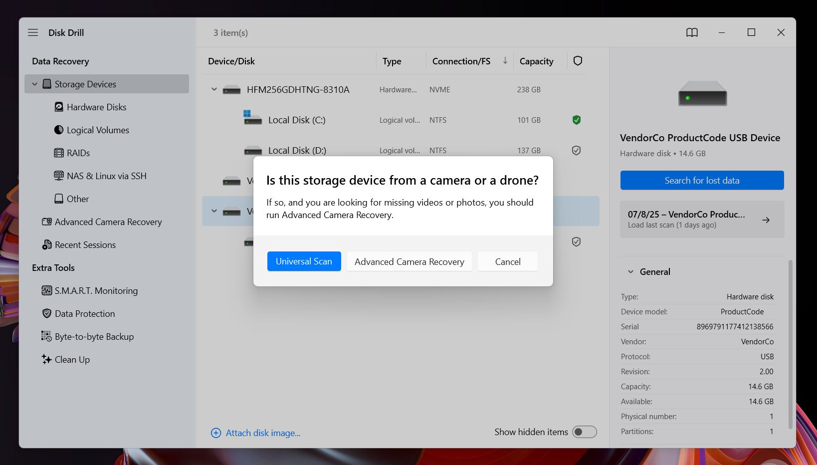 Click Search for lost data next