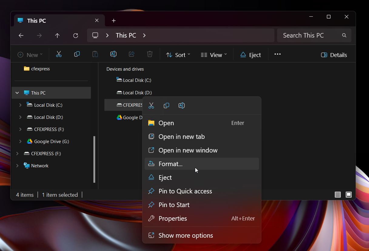 Select Format from the menu