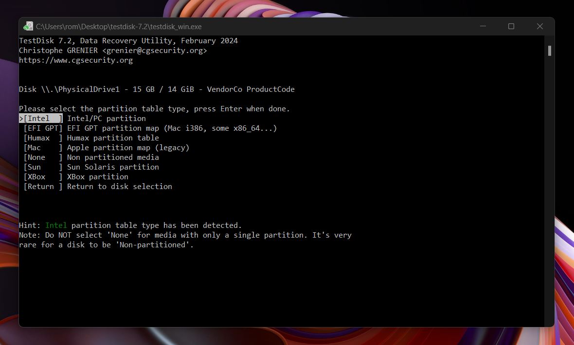Select the partition table type