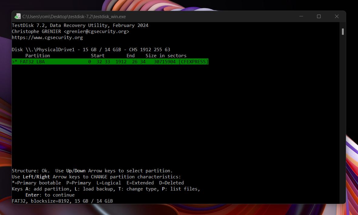 Press P to list files inside the partition