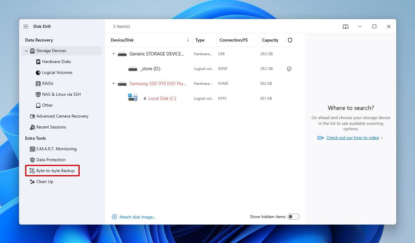 Accessing the backup feature.