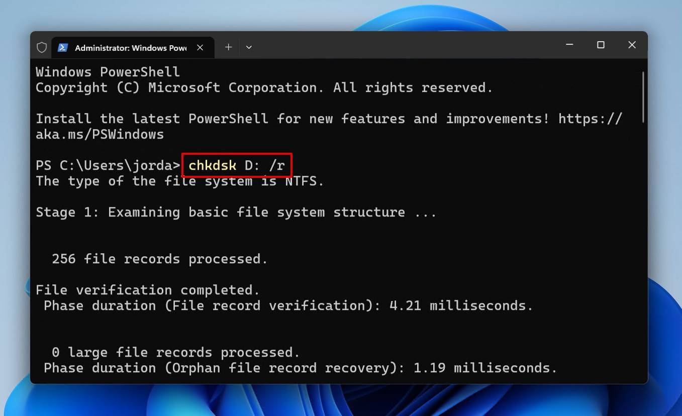 Running the CHKDSK command.