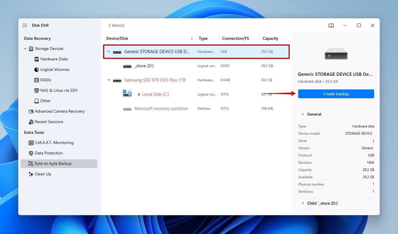Creating a byte-to-byte backup.
