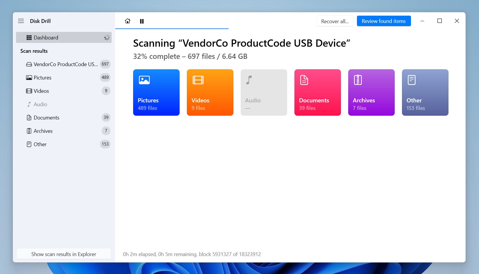 Disk Drill will show recoverable files by category