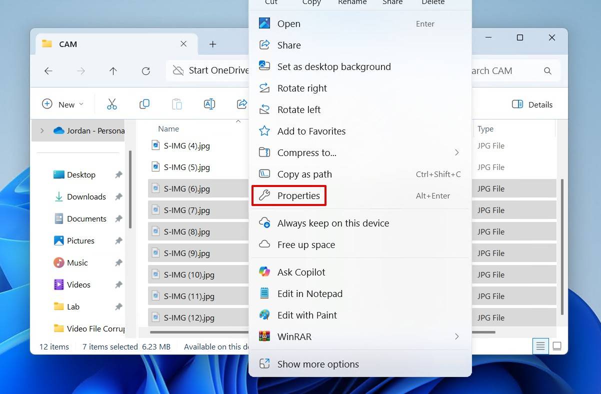 Opening file properties.