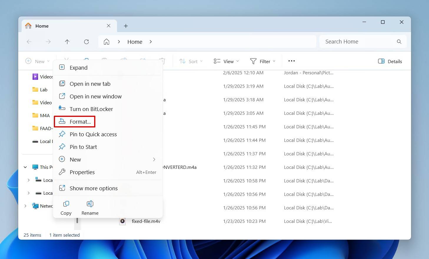 The format option in File Explorer.