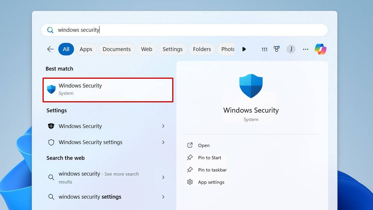Opening Windows Security.