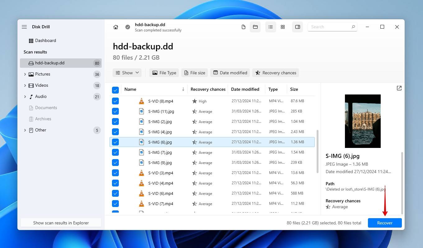 Recovering the selected external HDD files.