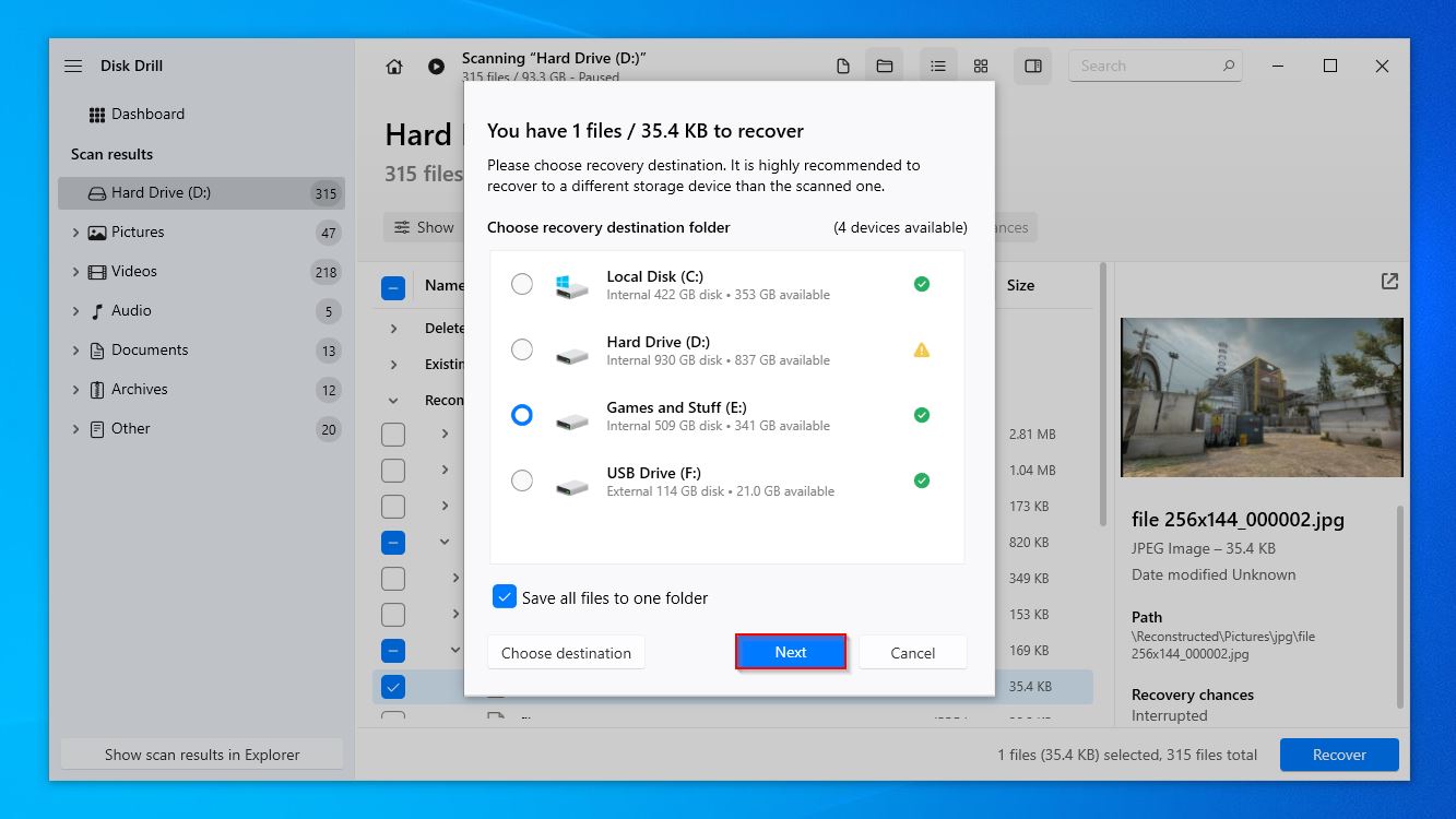 Recovery destination prompt in Disk Drill.