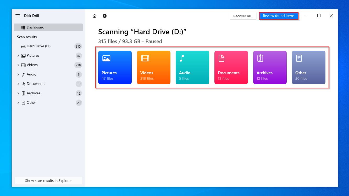 Scan complete screen in DIsk Drill.