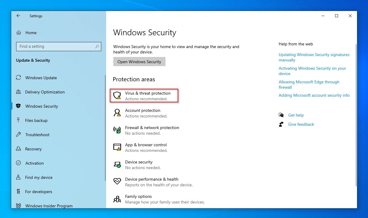 Virus & threat protection option in the Windows Security dashboard.