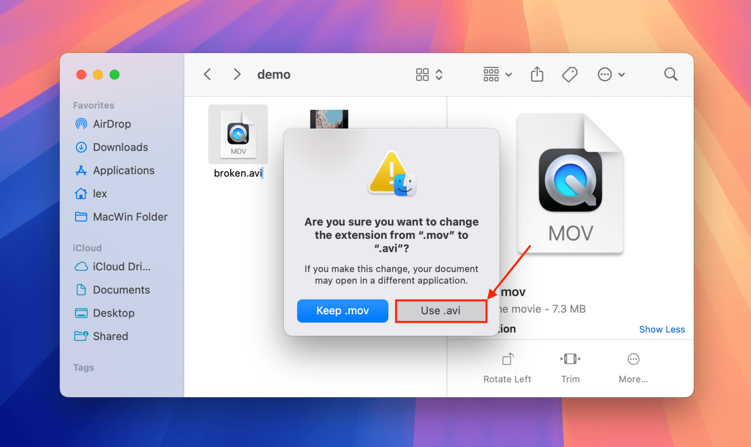 File rename confirmation dialog in Finder