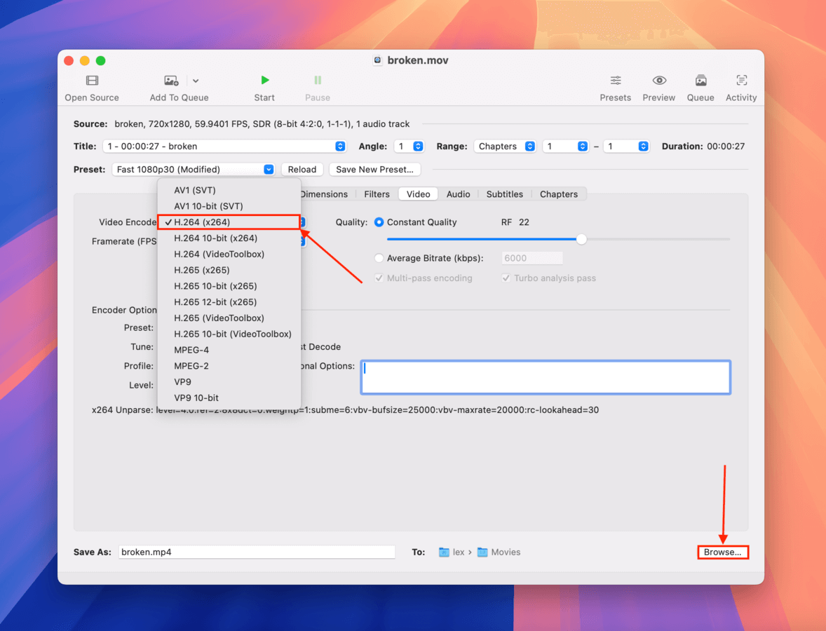 Selecting video conversion presets in Handbrake