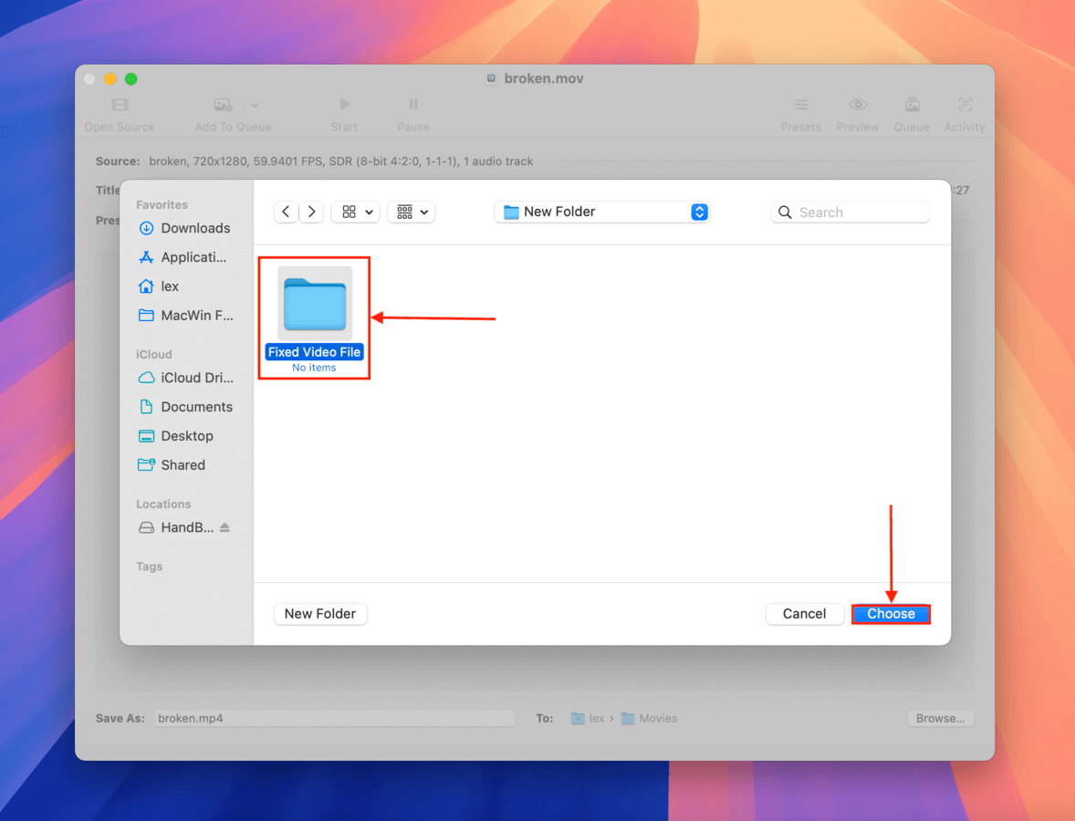 Choosing a save location for a Handbrake file
