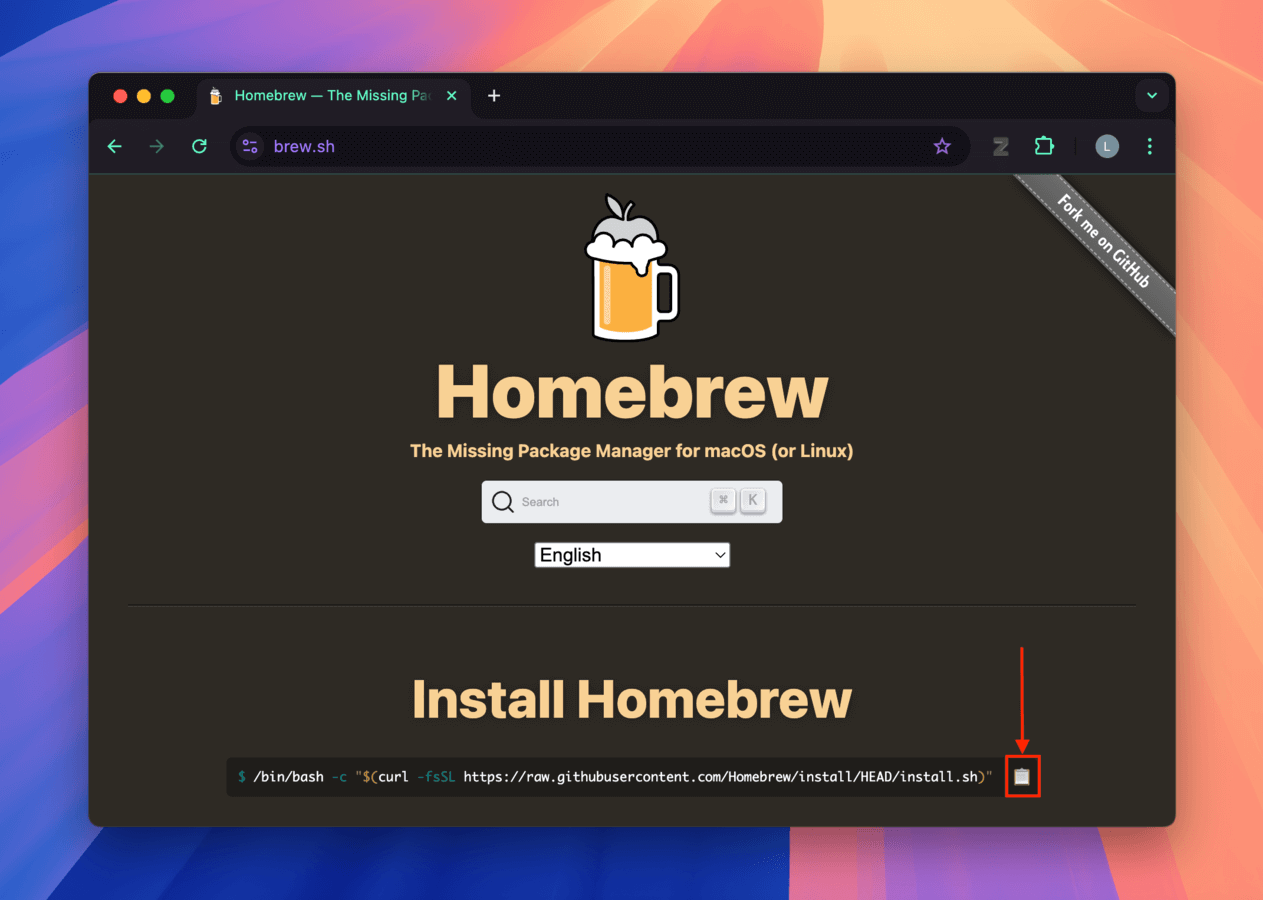 Copying Homebrew's installation command in the official website
