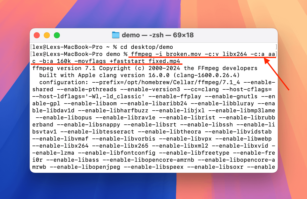 Re-encoding video file using an FFmpeg command in Terminal