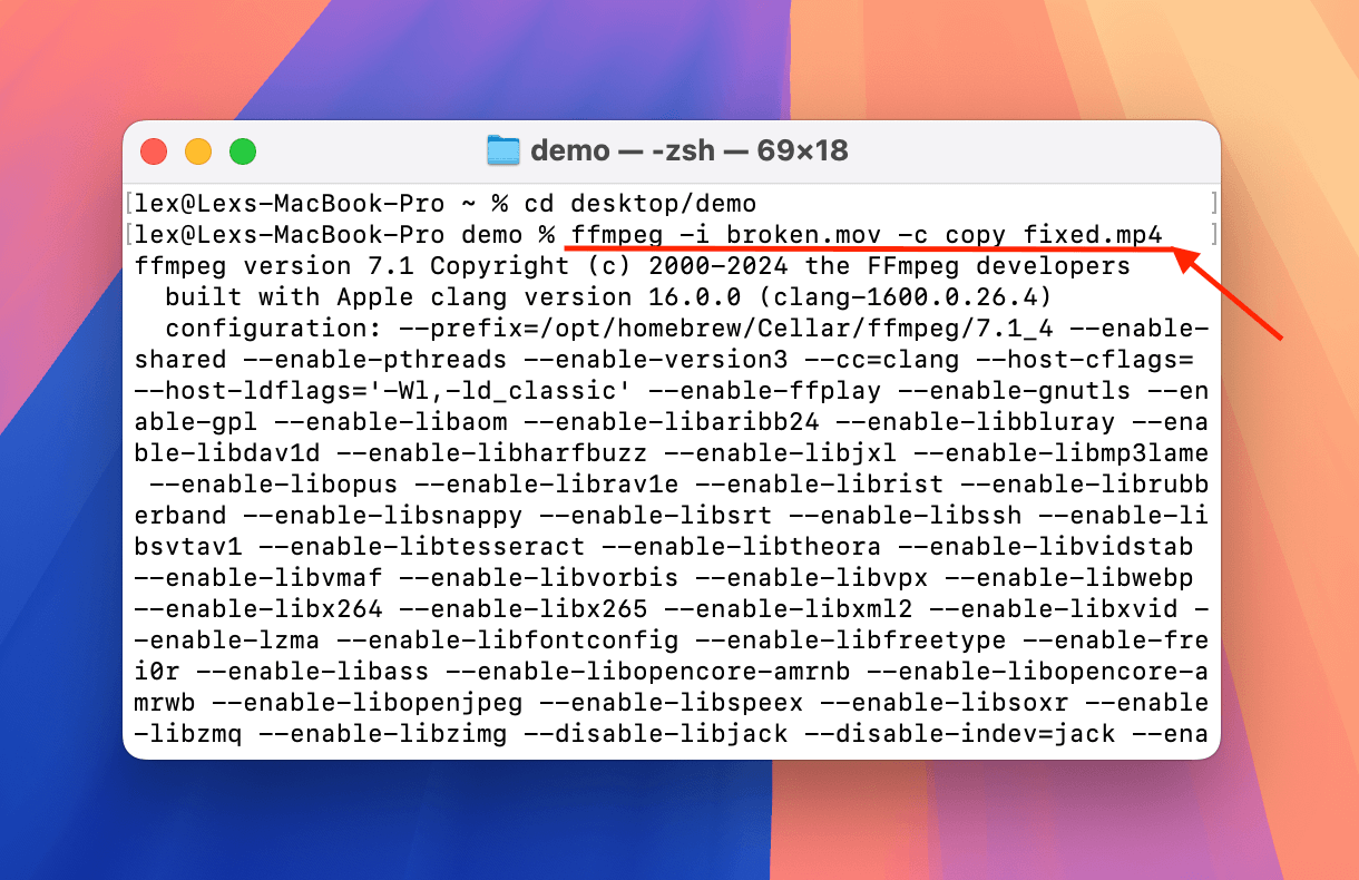 Running FFmpeg command to copy streams in Terminal