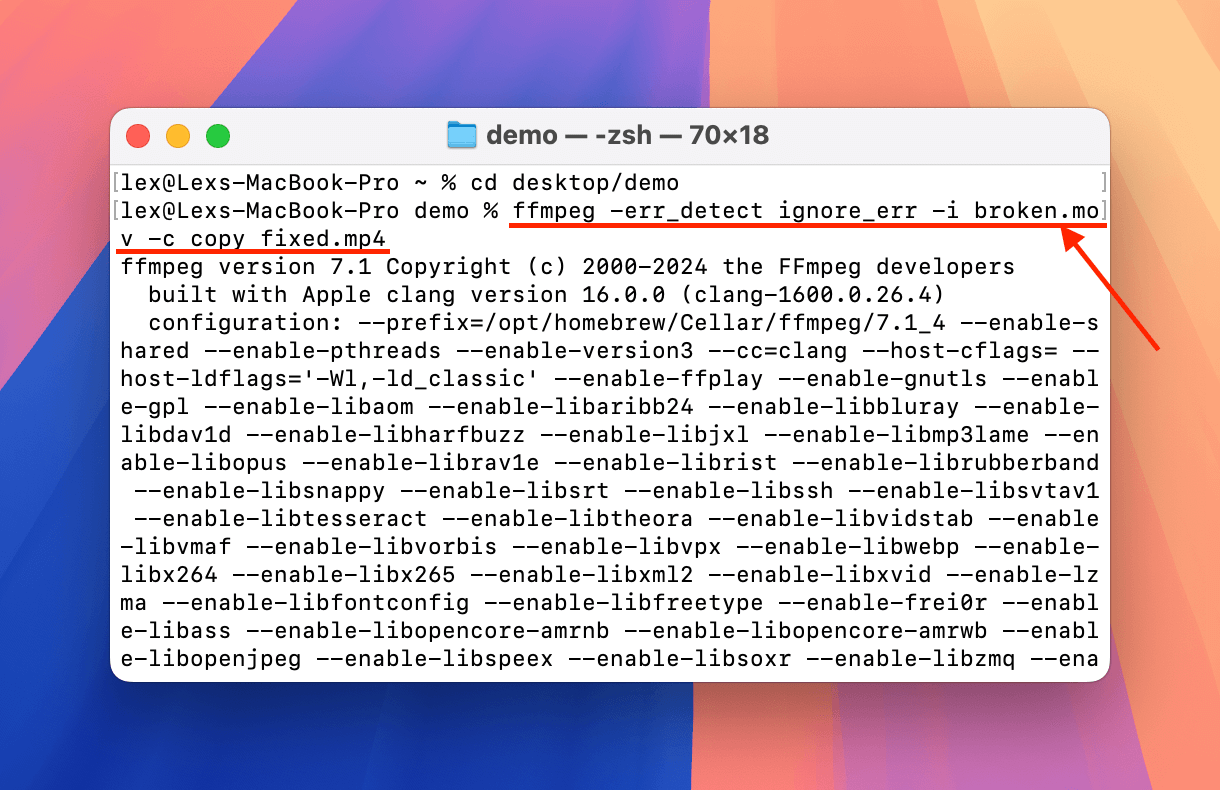 Running FFmpeg command in Terminal to copy streams while ignoring errors