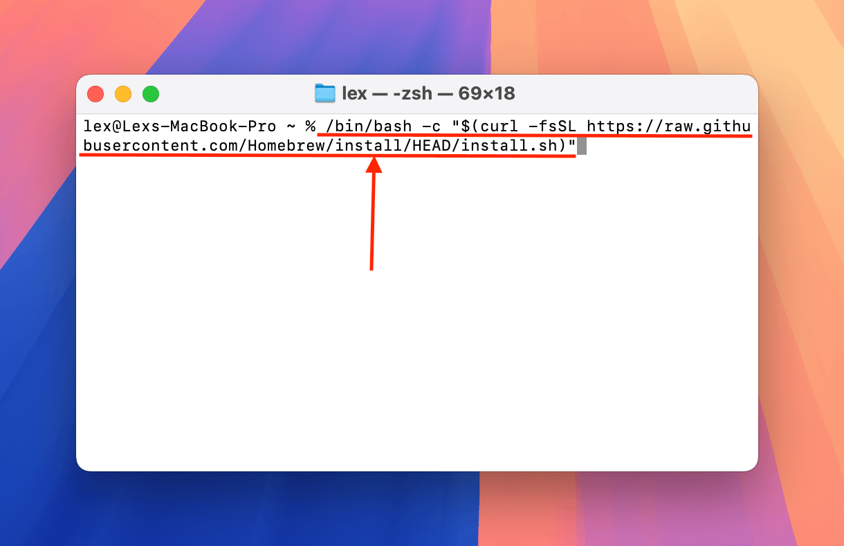 Running the installation command for Homebrew in the Terminal app
