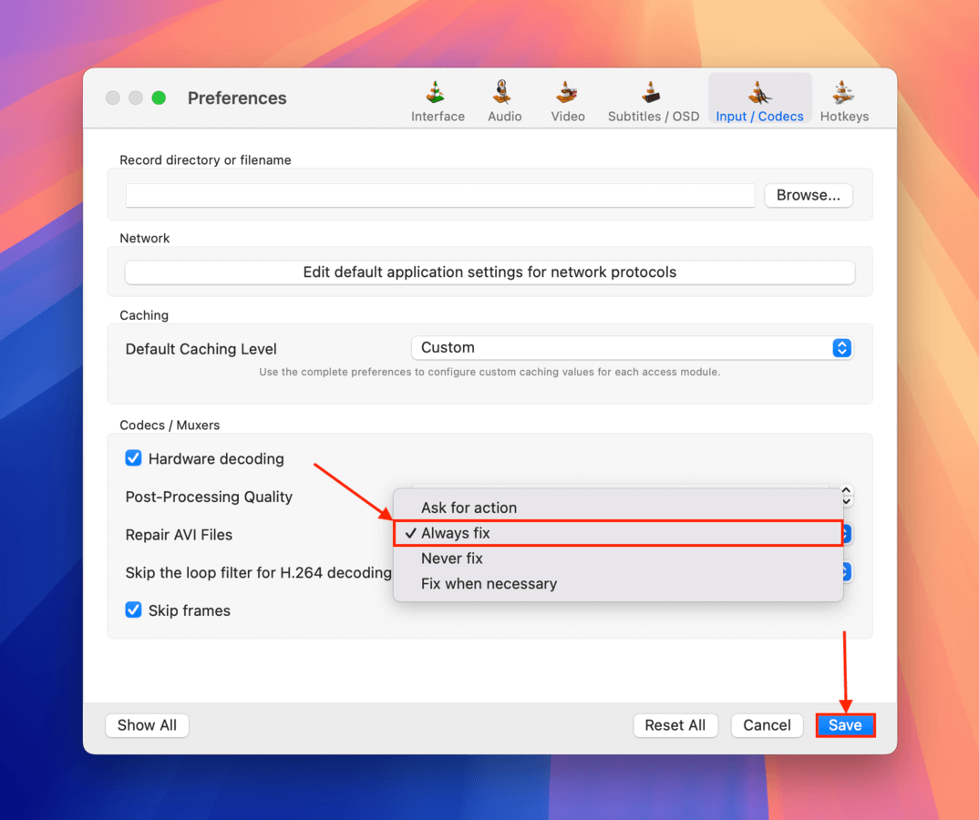 Enabling automatic AVI repair in VLC Media Player's settings menu