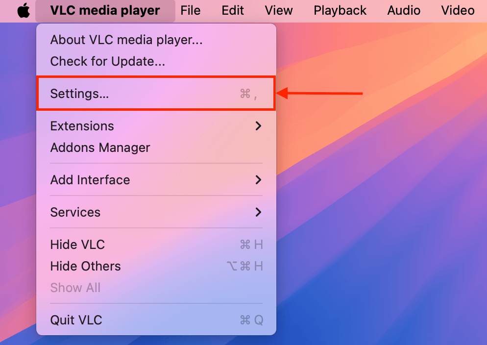 Choosing the Settings button in VLC Media Player's main menu