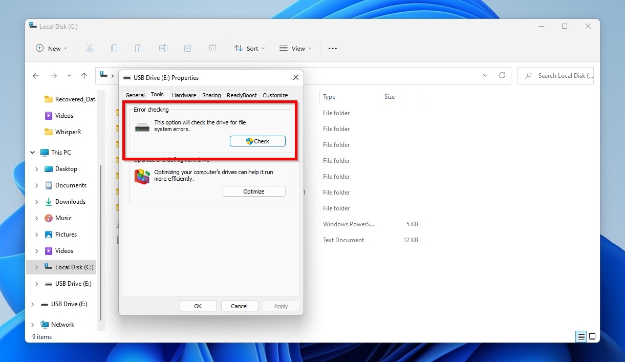 Windows File Explorer Properties Tools Error Checking