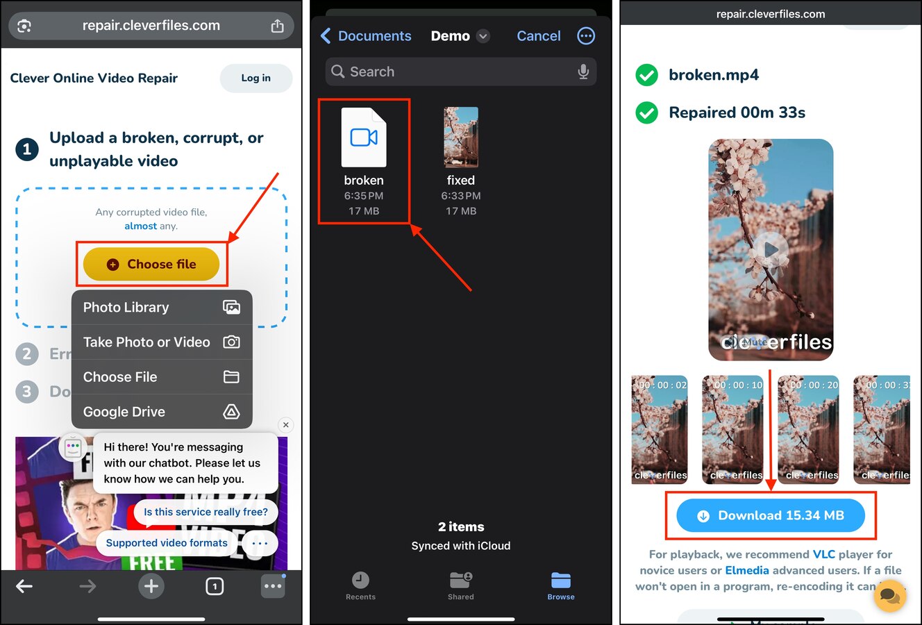 Repairing a video using the Clever Online Video Repair mobile site