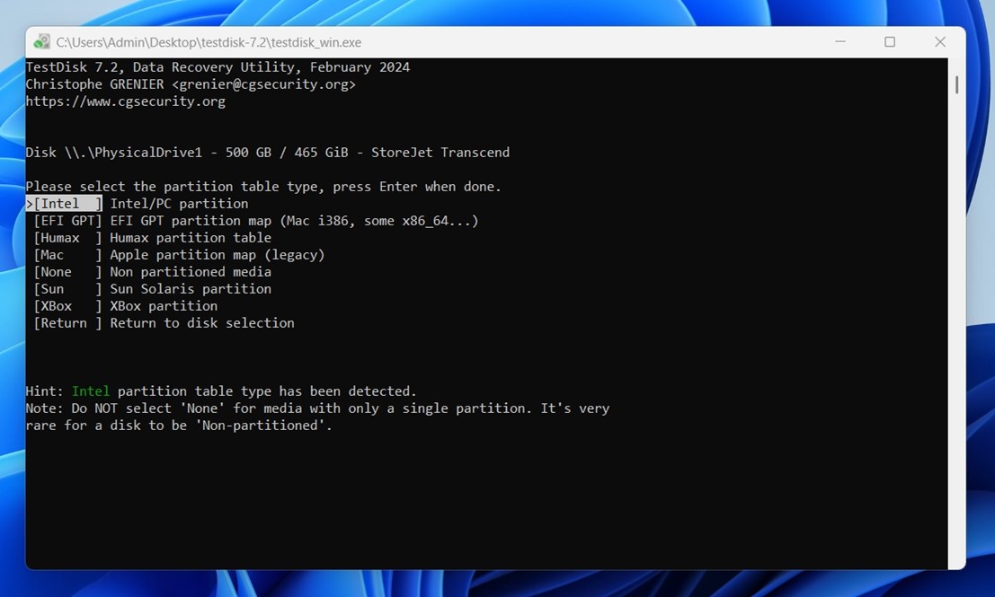 Choose the correct partition table type