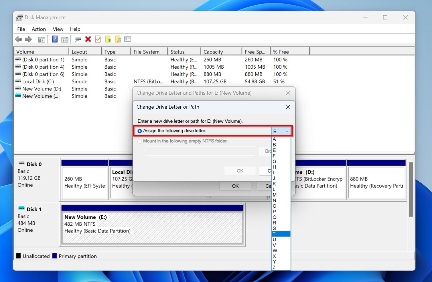Drive letter drop-down menu.