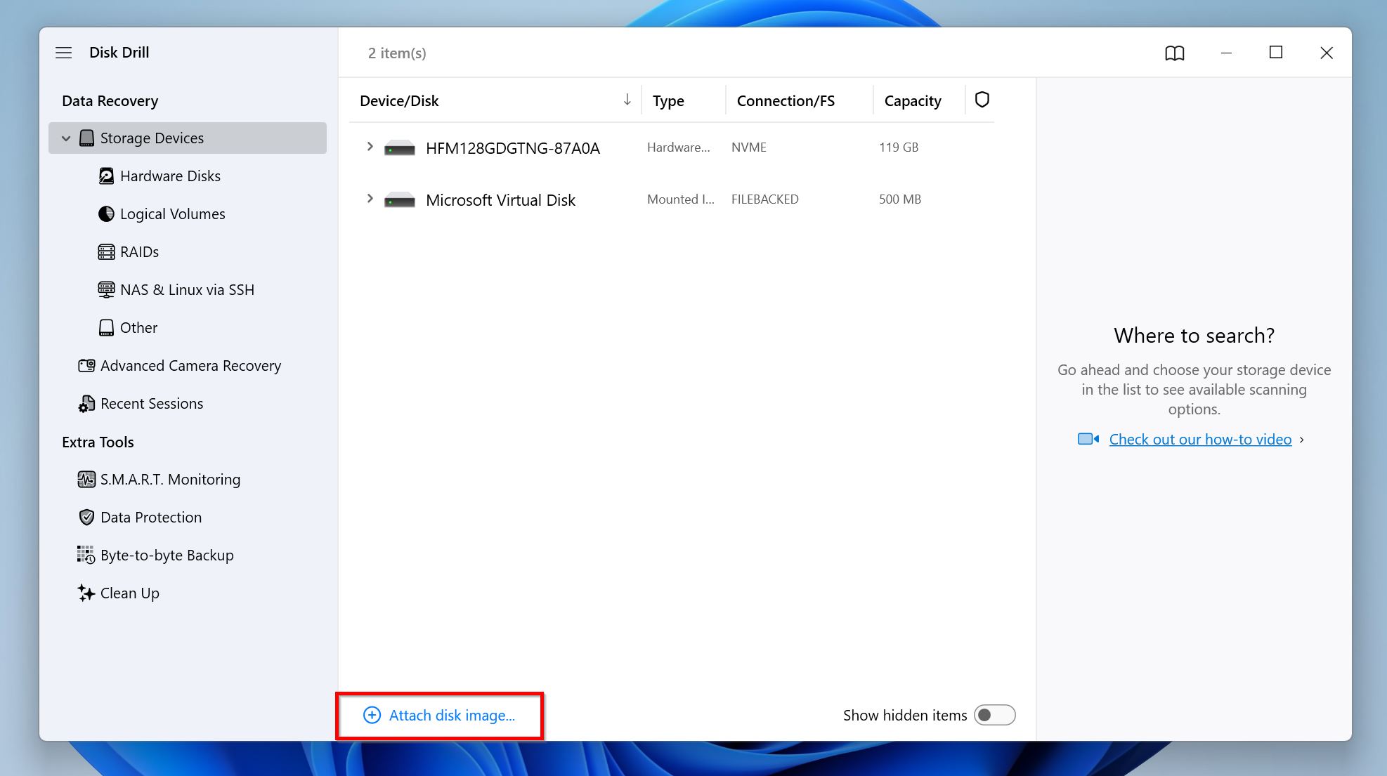 Attach disk image option in Disk Drill.